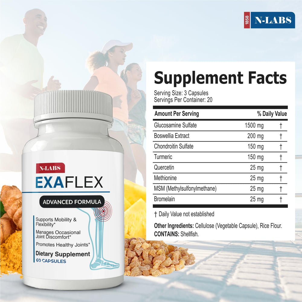 ExaFlex capsules close-up emphasizing convenient daily capsules for joint health.