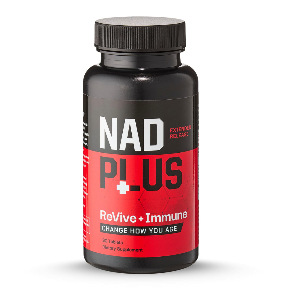 NAD PLUS Revive + Immune energy bottle with extended-release capsules for steady daytime energy.
