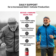 NAD PLUS Revive + Immune RiaGev-SR formula label emphasizing NAD+ production benefits.