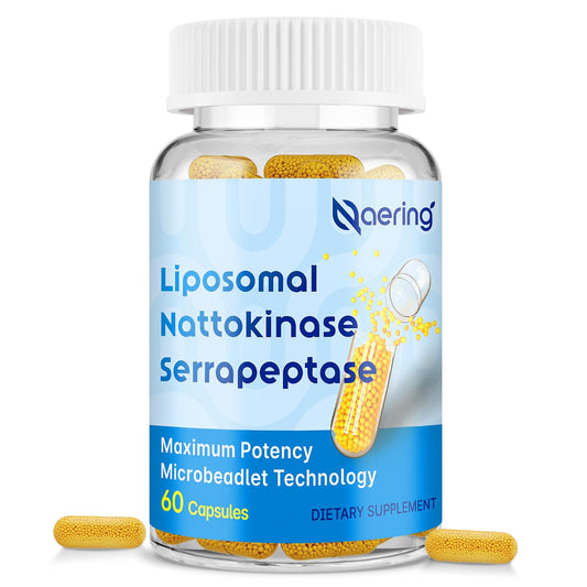 Naering Liposomal Nattokinase and Serrapeptase bottle front shows premium enzyme blend for circulatory support.