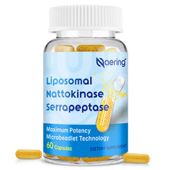 Naering Liposomal Nattokinase and Serrapeptase bottle front shows premium enzyme blend for circulatory support.