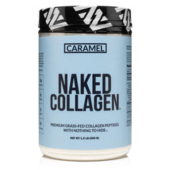 NAKED Caramel Collagen Powder tub shown as a versatile base for shakes and beverages.