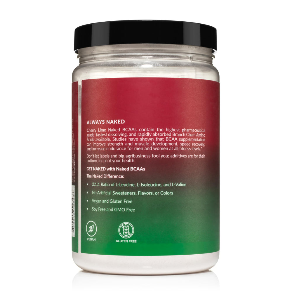 NAKED Cherry Lime BCAAs flavor label closeup emphasizes clean ingredients.