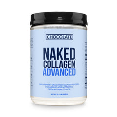 NAKED Chocolate Collagen Advanced tub front view showing rich powder and label benefits.