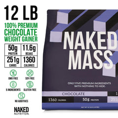 NAKED Chocolate Mass Gainer ingredients close-up highlights natural sources and allergen-friendly profile.