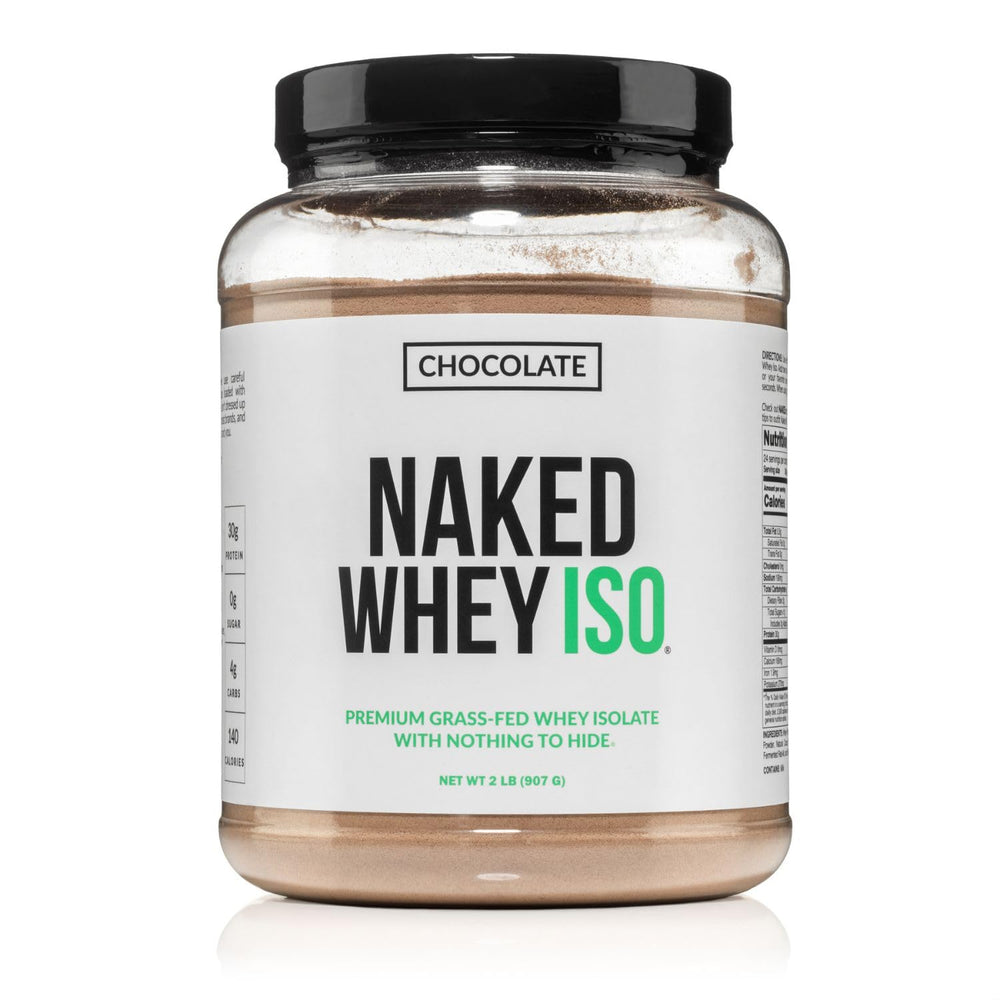 NAKED Chocolate Whey Isolate bottle features a clean six-ingredient label for a transparent protein choice