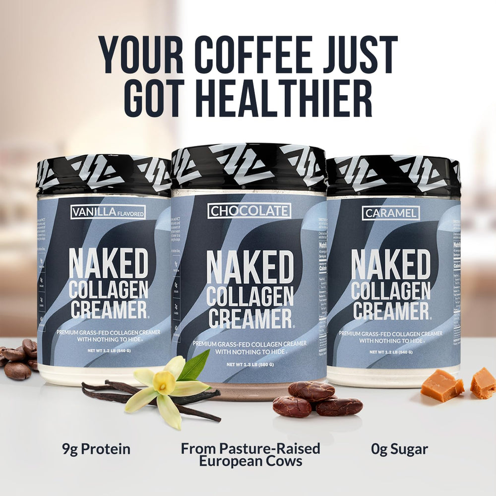 NAKED Collagen Coffee Creamer Vanilla packaging communicates dairy-free and GMO-free essentials