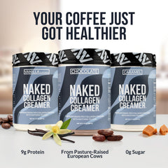 NAKED Collagen Coffee Creamer Vanilla packaging communicates dairy-free and GMO-free essentials
