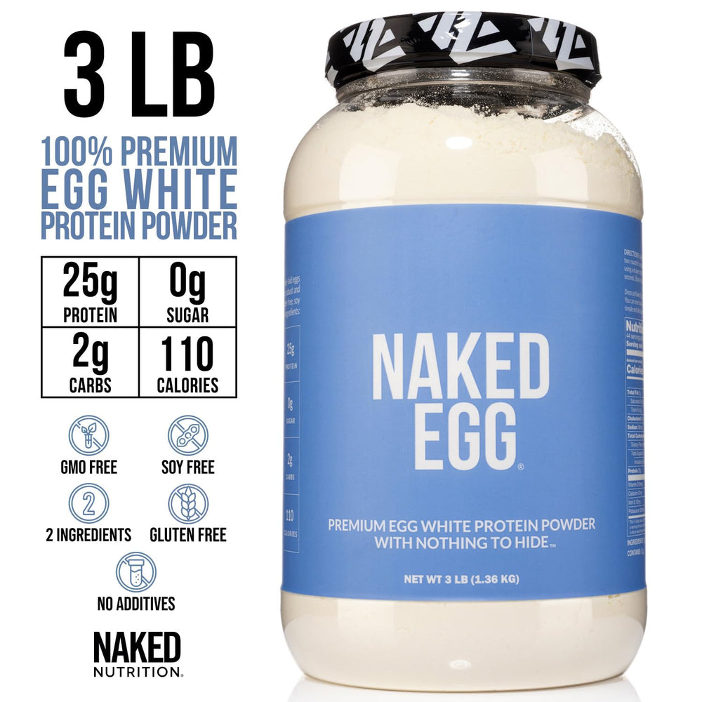 NAKED egg white protein powder close-up, two-ingredient formula highlighted