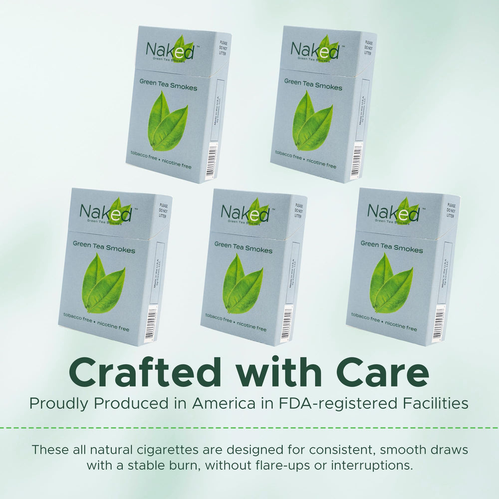 Naked Green Tea Smokes USA-made label on box signifies quality and non-tobacco focus.