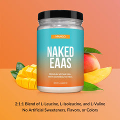 NAKED Mango EAAs powder bottle shown for easy daily vegan supplementation.