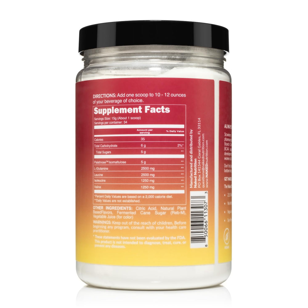 NAKED Strawberry Lemonade BCAAs ingredients panel highlighting vegan natural formula.