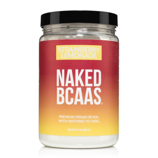 NAKED Strawberry Lemonade BCAAs tub label for clean amino acid support after workouts.