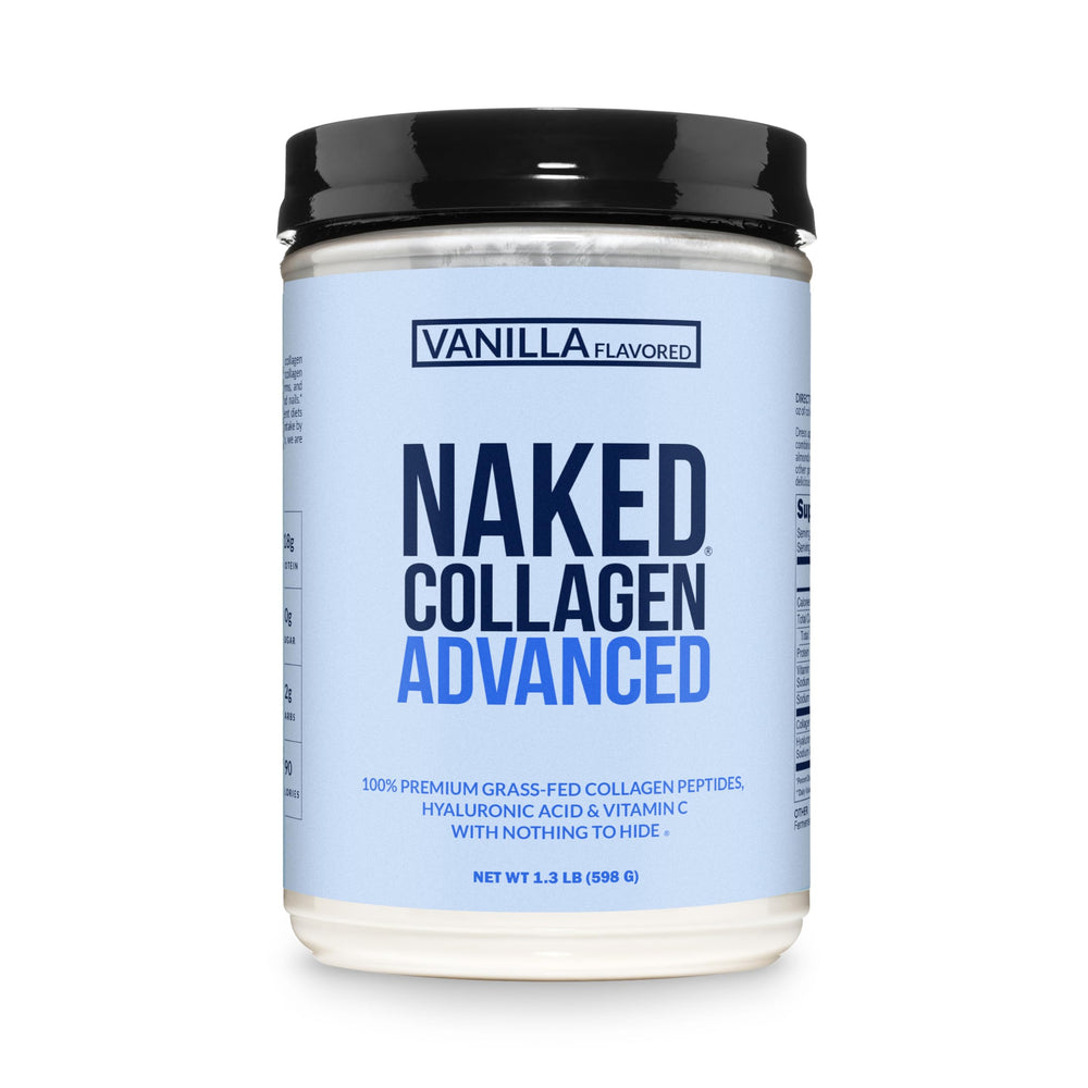 NAKED Vanilla Collagen Advanced bottle shows a pure formula for daily wellness