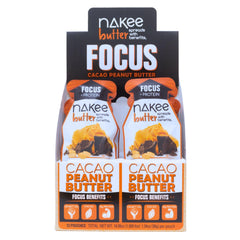 Nakee Butter Focus cacao peanut butter pack—12-pack for on-the-go snacking.