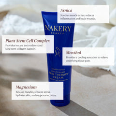 Nakery SkinRecovery leg massage-cream in use on calf for soothing comfort.