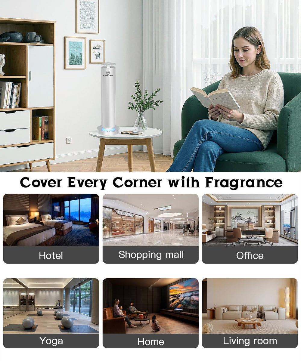 Namste waterless diffuser aluminum tower design in a modern living room