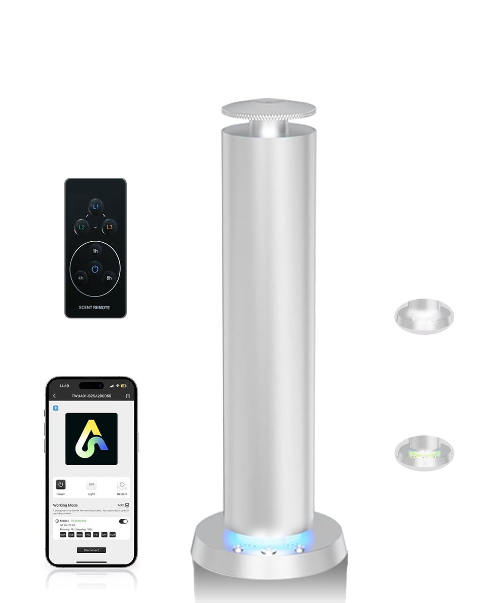 Namste waterless diffuser front view with ambient LED lighting for calming space