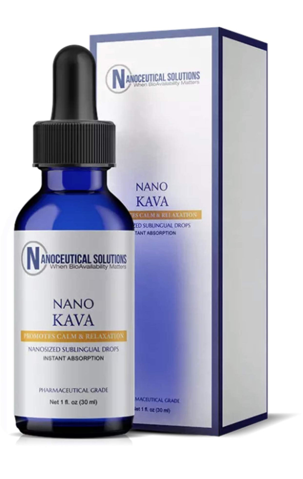 Nano KAVA KAVA bottle with dropper showing fast absorption and high potency.