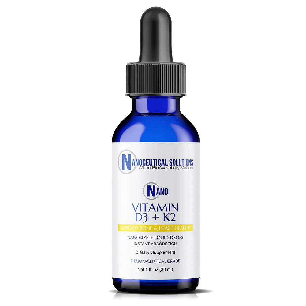 Nanoceutical Solutions nano vitamin d3-k2 liquid bottle for quick, easy dosing and bone support.