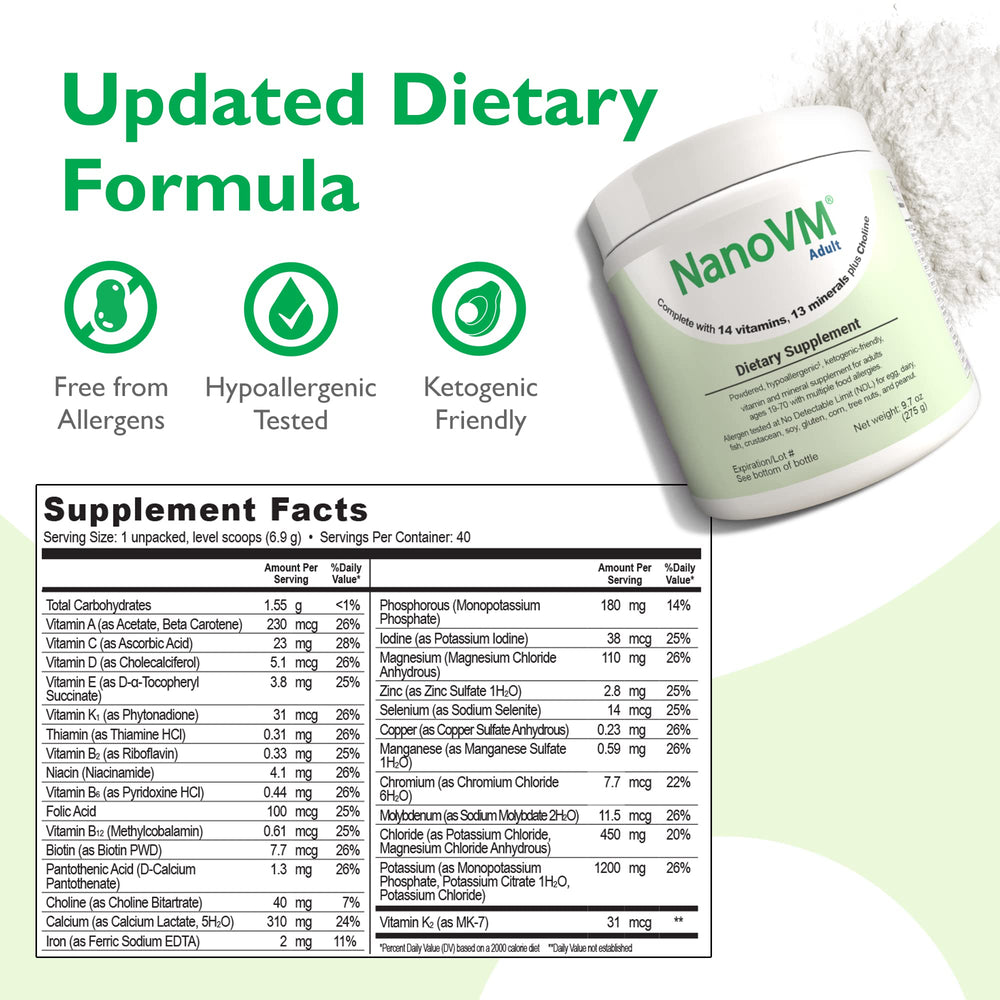 NanoVM Adult dose scoop measures powder for precise daily intake.