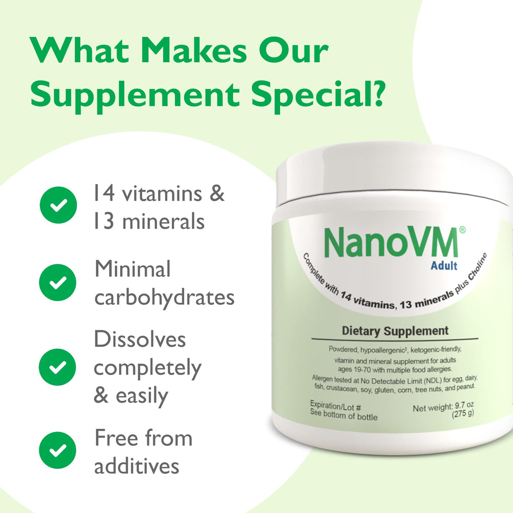 NanoVM low-carb label emphasizes minimal carbohydrates per scoop.