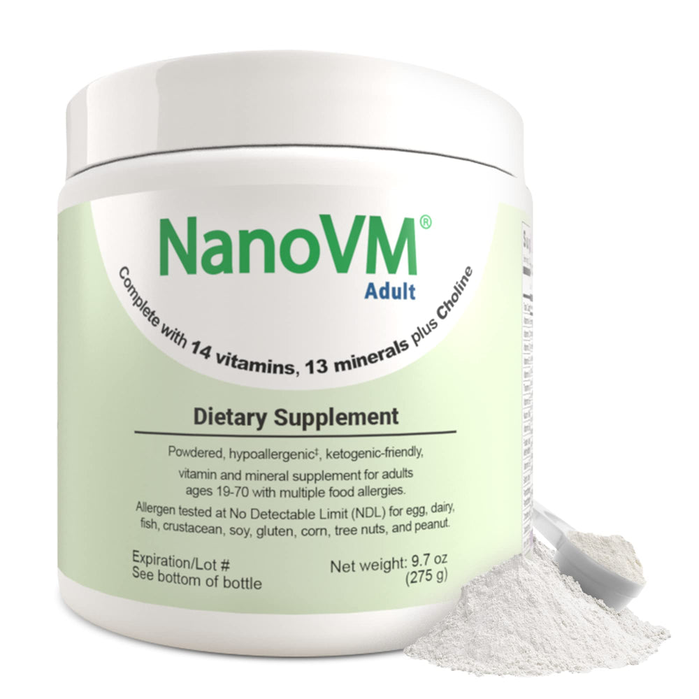 NanoVM Adult unflavored multivitamin powder tub for daily nutrition.