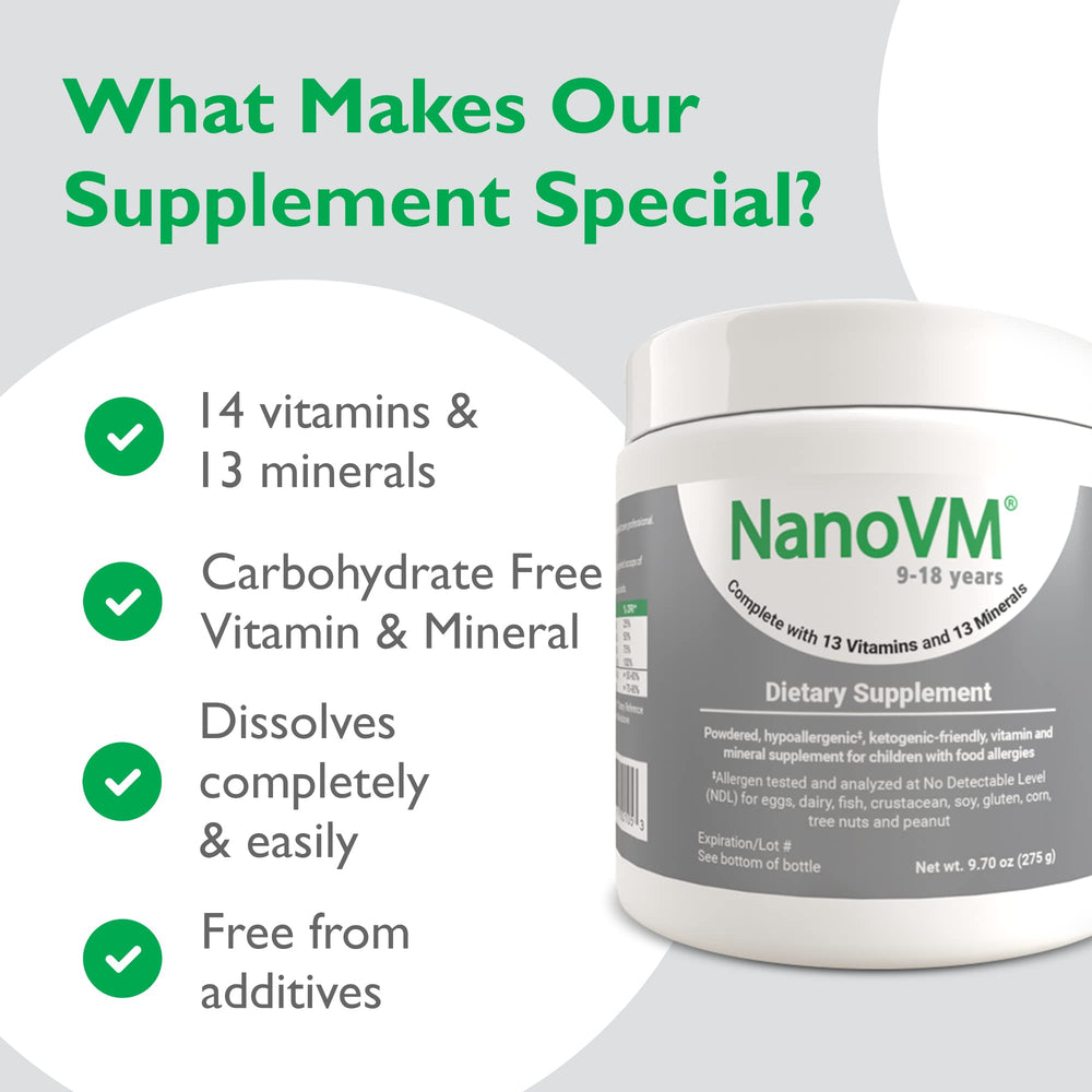 NanoVM nutrition label highlights vitamins and minerals.