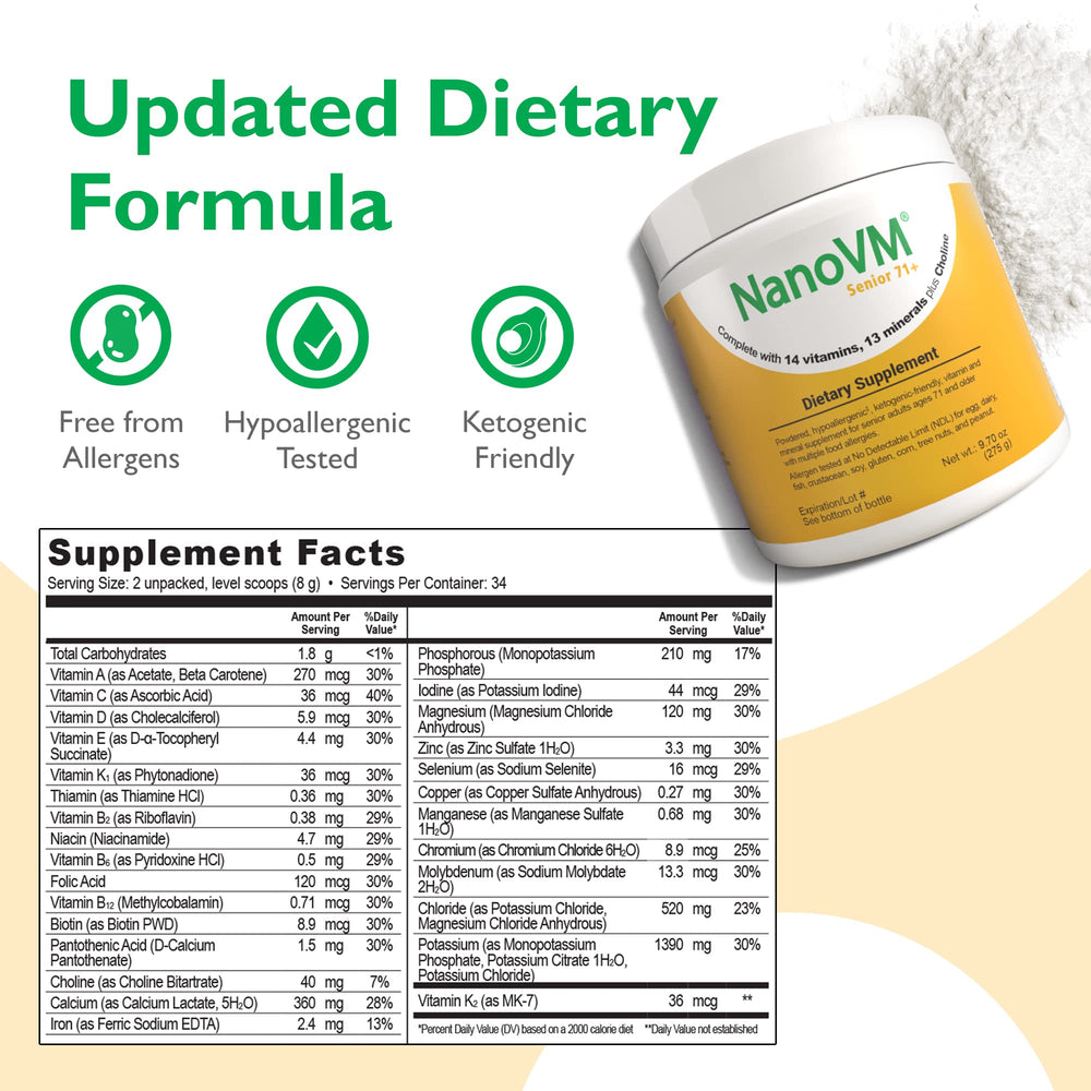 NanoVM Senior 71+ bottle back label lists 14 vitamins and 13 minerals clearly.