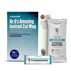 Nanowell Dr. G ionized Cal Mag powder box with sticks for convenient daily supplementation.