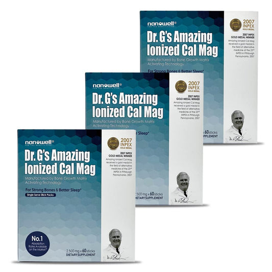 NANOWELL Dr G's ionized CalMag sticks box for daily bone support.