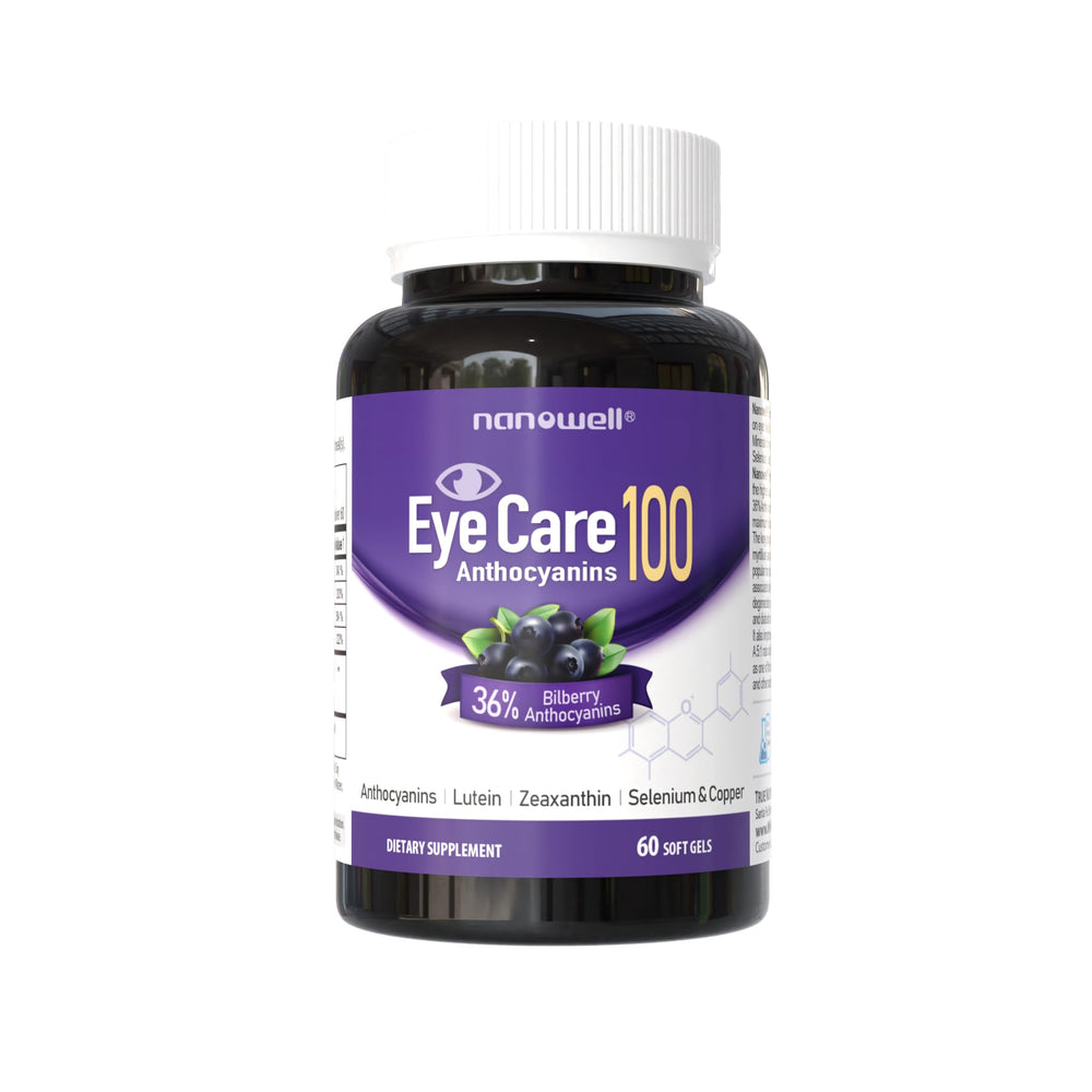 NANOWELL EyeCare Anthocyanins 100 softgels bottle for daily eye health support.