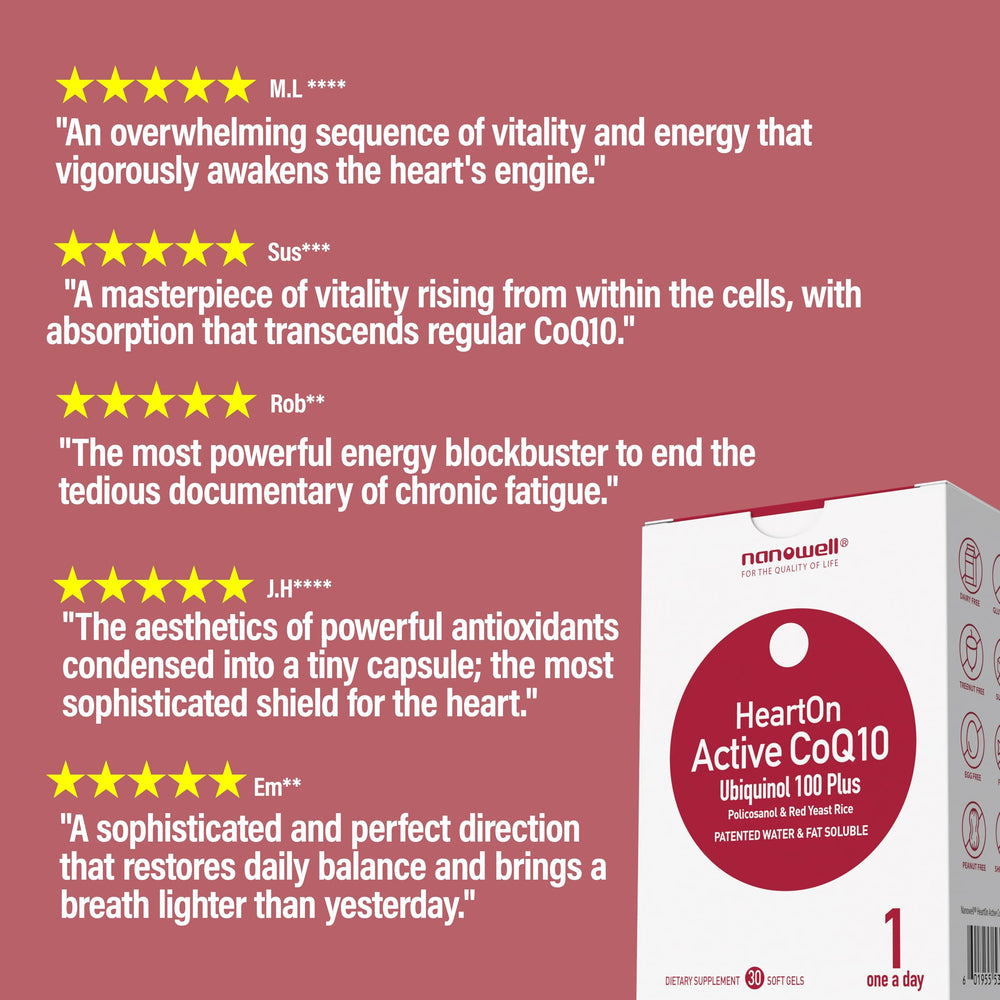 NANOWELL HeartOn Active CoQ10 bottle with capsules for daily supplementation