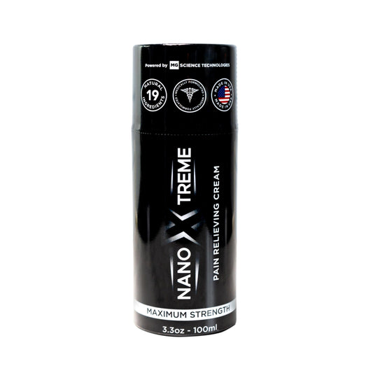 NANOXTREME Pain Relief Cream pump-front demonstrates fast-absorbing relief for everyday muscle and joint discomfort