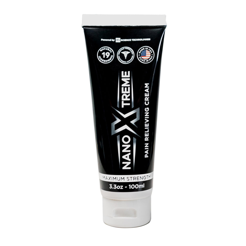 NanoXtreme pain relief cream tube ready for fast-acting relief on sore muscles.