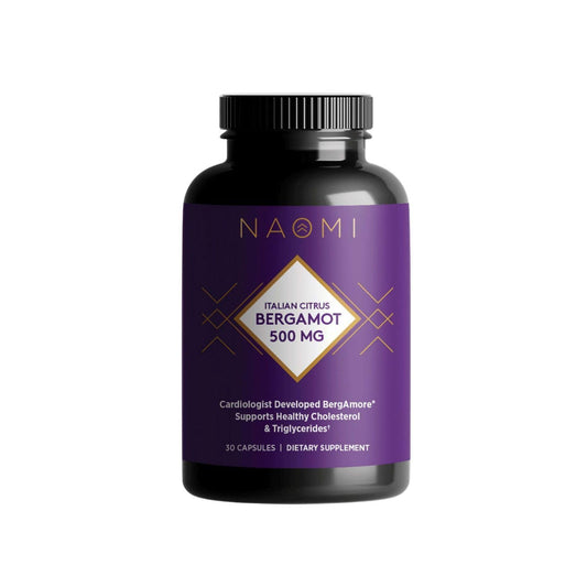 NAOMI Bergamore 500mg bottle with label, supports cardiovascular wellness.