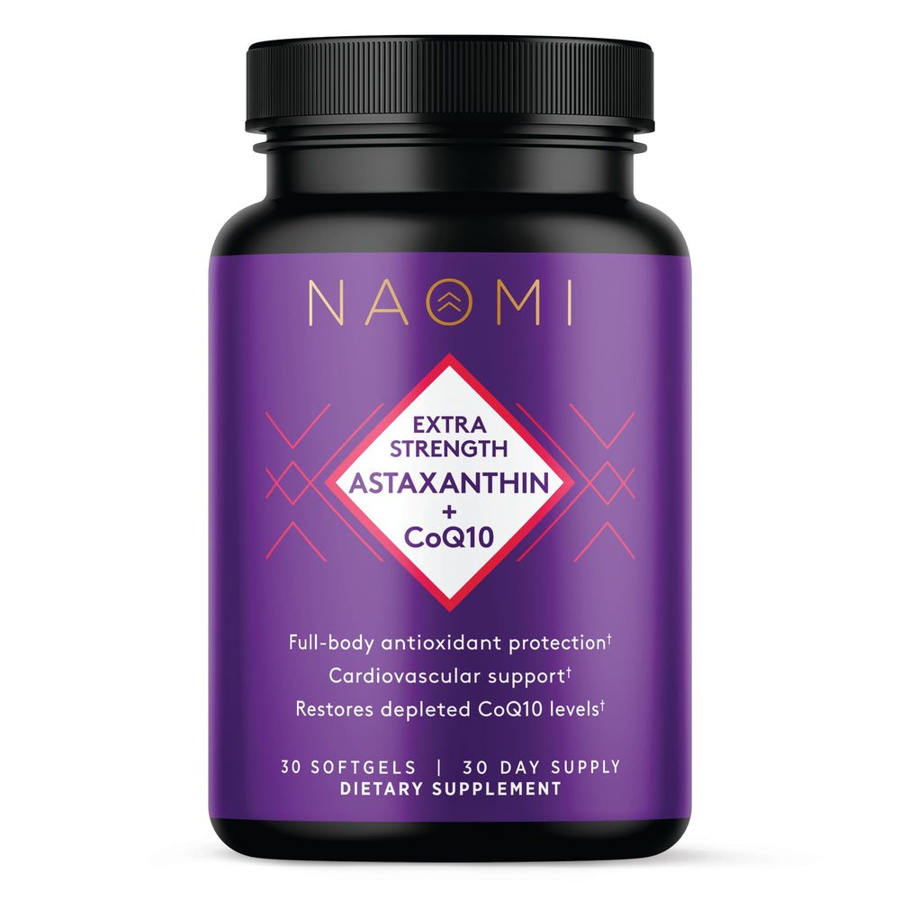 NAOMI Extra Strength astaxanthin + CoQ10 bottle front, signaling antioxidant-rich daily energy support.