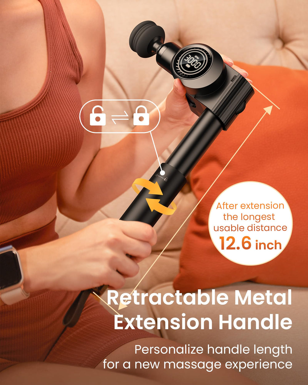 NAPRE Massage Gun showing five adjustable angles for reaching tight muscle areas.
