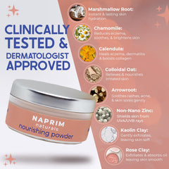 Naprim Naturals Nourishing Powder applied with kabuki brush demonstrates easy use on moist skin.
