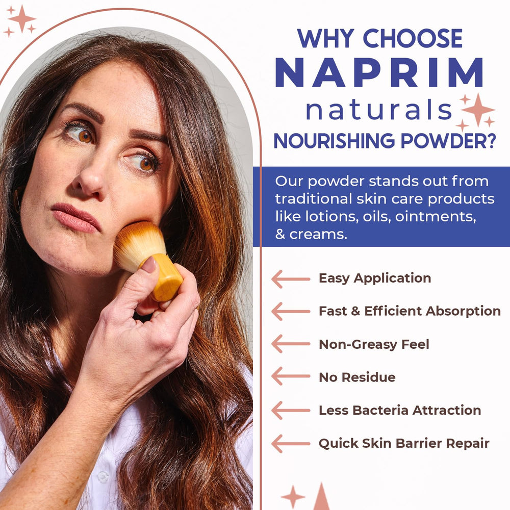 Naprim Naturals Nourishing Powder on-the-go use with compact tub and brush for quick touch-ups.