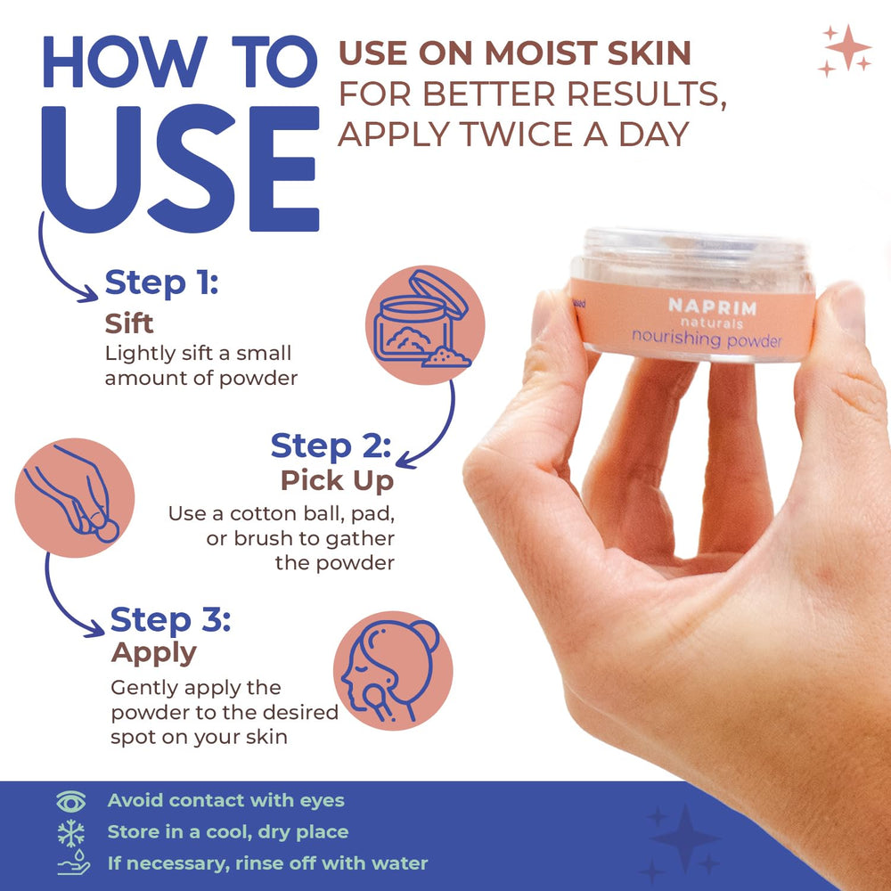 Naprim Naturals Nourishing Skin Powder on forearm showing smooth, hydrated skin after use.