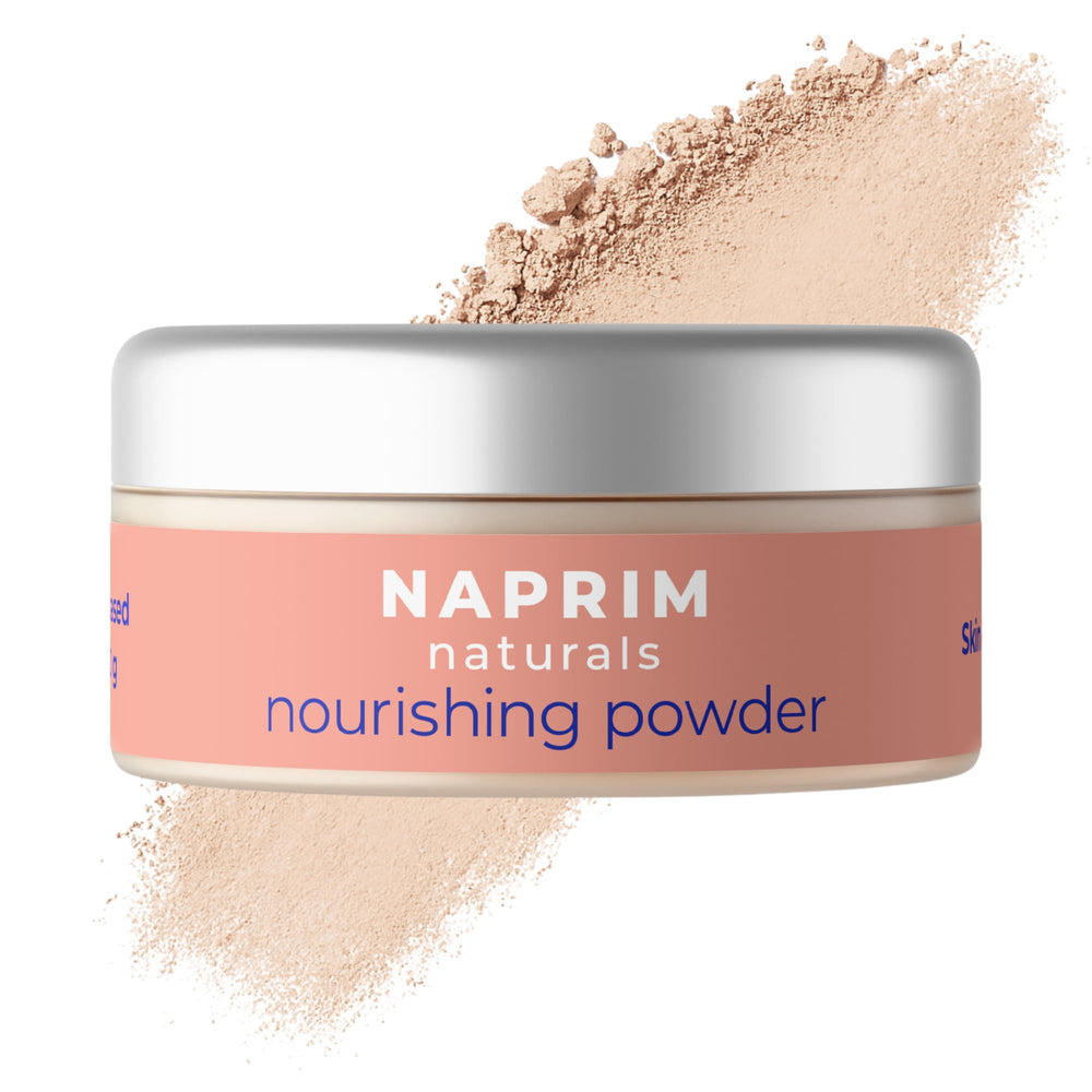 Naprim Naturals Nourishing Skin Powder packaging close-up with talc-free formula for gentle care.
