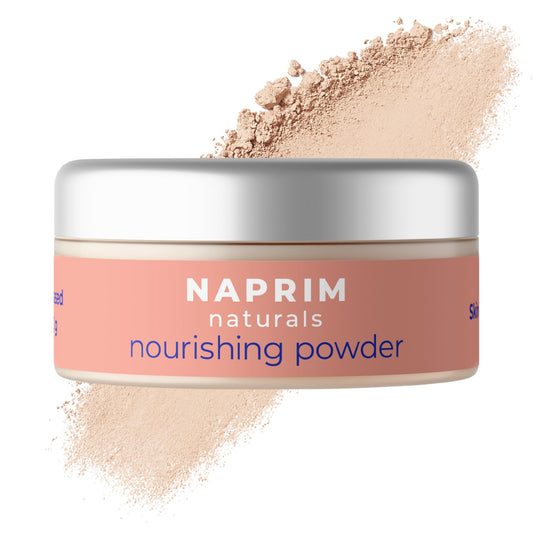 Naprim Naturals Nourishing Skin Powder packaging close-up with talc-free formula for gentle care.