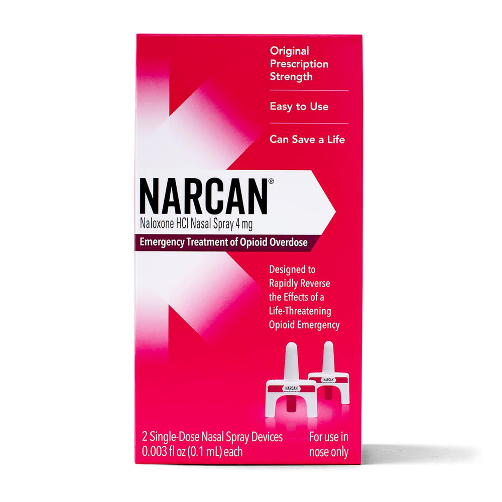 NARCAN nasal spray 4 mg box, ready for quick, over-the-counter emergency use.