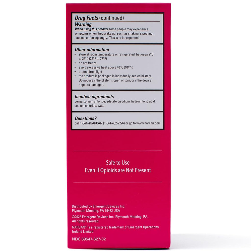 NARCAN nasal spray 4 mg packaging label, OTC product eligibility.