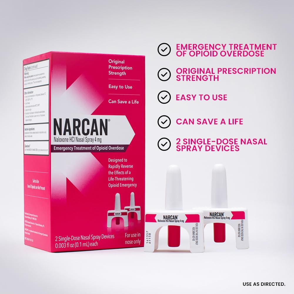 NARCAN nasal spray 4 mg twin-pack, two doses for rapid accessibility.