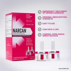 NARCAN nasal spray 4 mg twin-pack, two doses for rapid accessibility.
