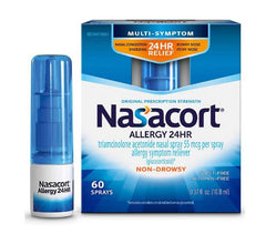 Nasacort Allergy 24 Hr bottle image showing long-lasting relief without drowsiness