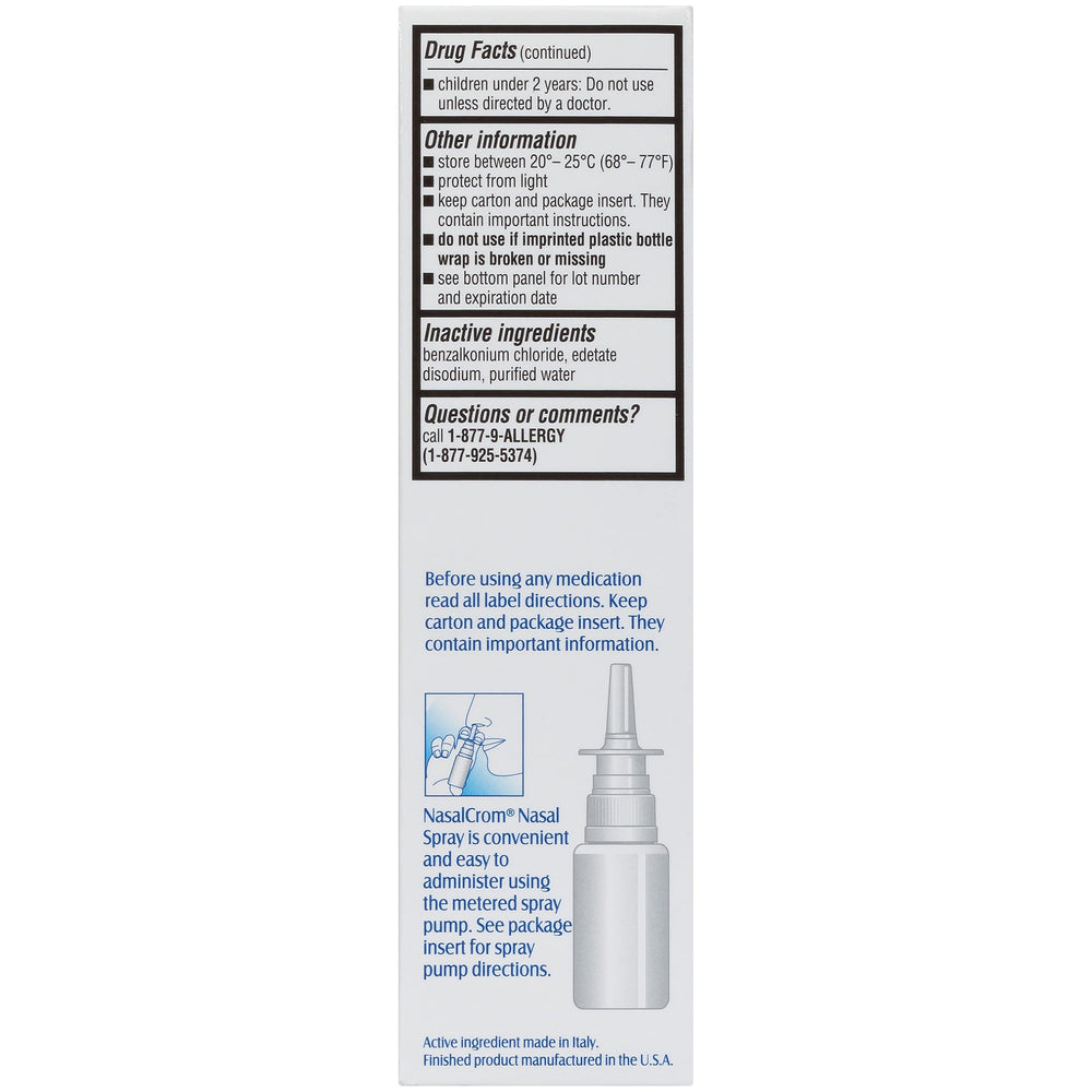NasalCrom box and bottle layout emphasizes steroid-free, non-habit forming relief