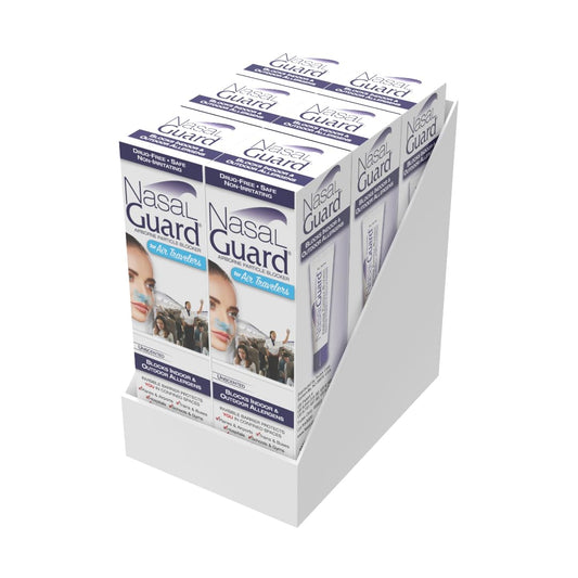 NasalGuard gel drop applied around the nostrils to filter particles during travel.